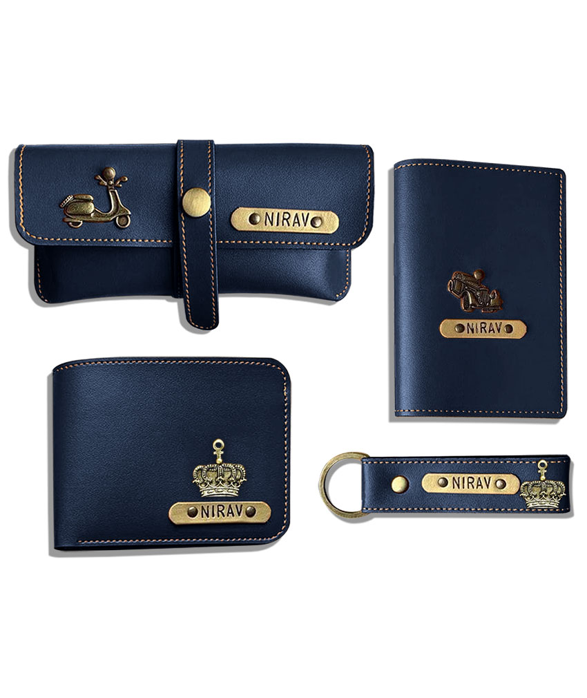 CoolOne Customized Combo of Men’s Wallet, Eyewear Case, Key Chain & Passport Cover – NAVY BLUE