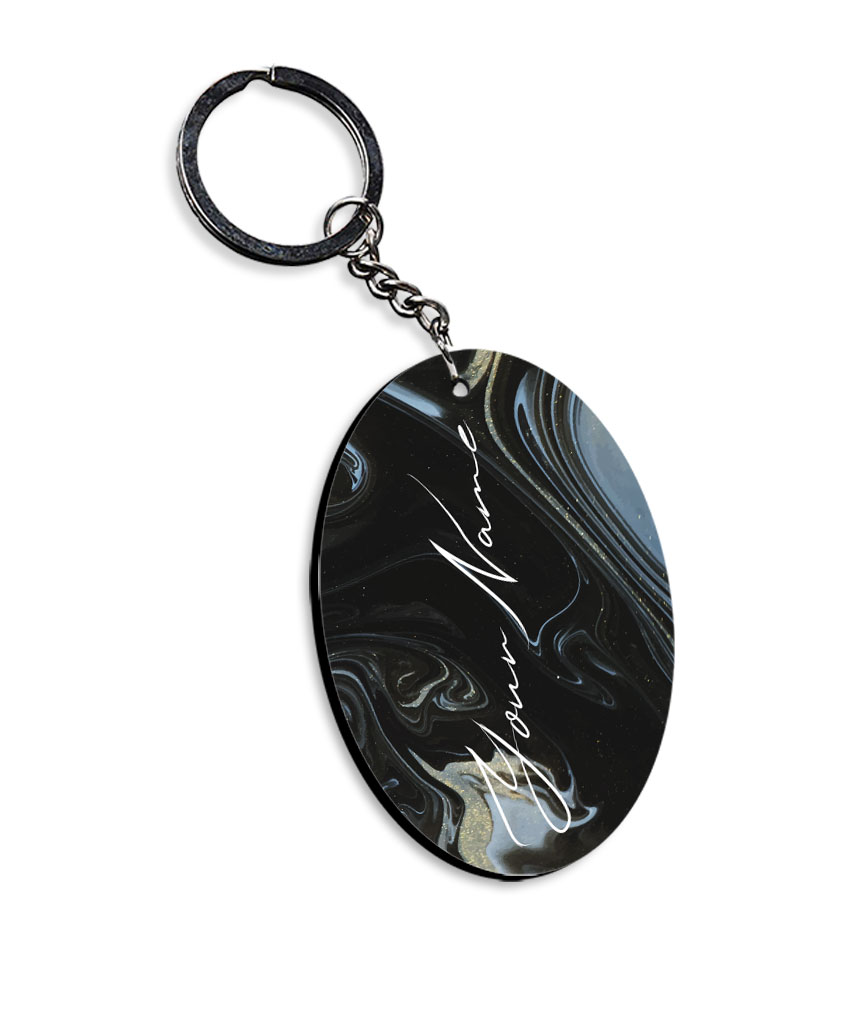 Your Name Grey Black Liquid Marble Artwork Customised Oval Key Chains