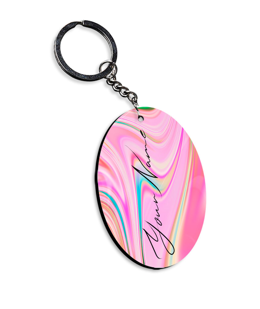 Your Name Blue Pink Liquid Marble Artwork Customised Oval Key Chains