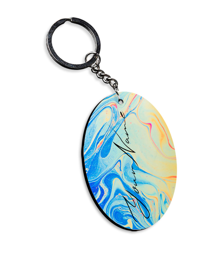 Your Name Yellow Blue Liquid Marble Artwork Customised Oval Key Chains