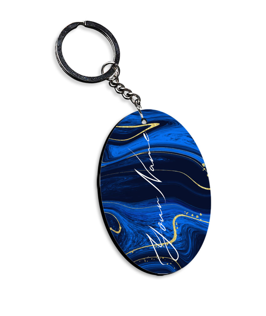 Your Name Golden Blue Liquid Marble Artwork Customised Oval Key Chains