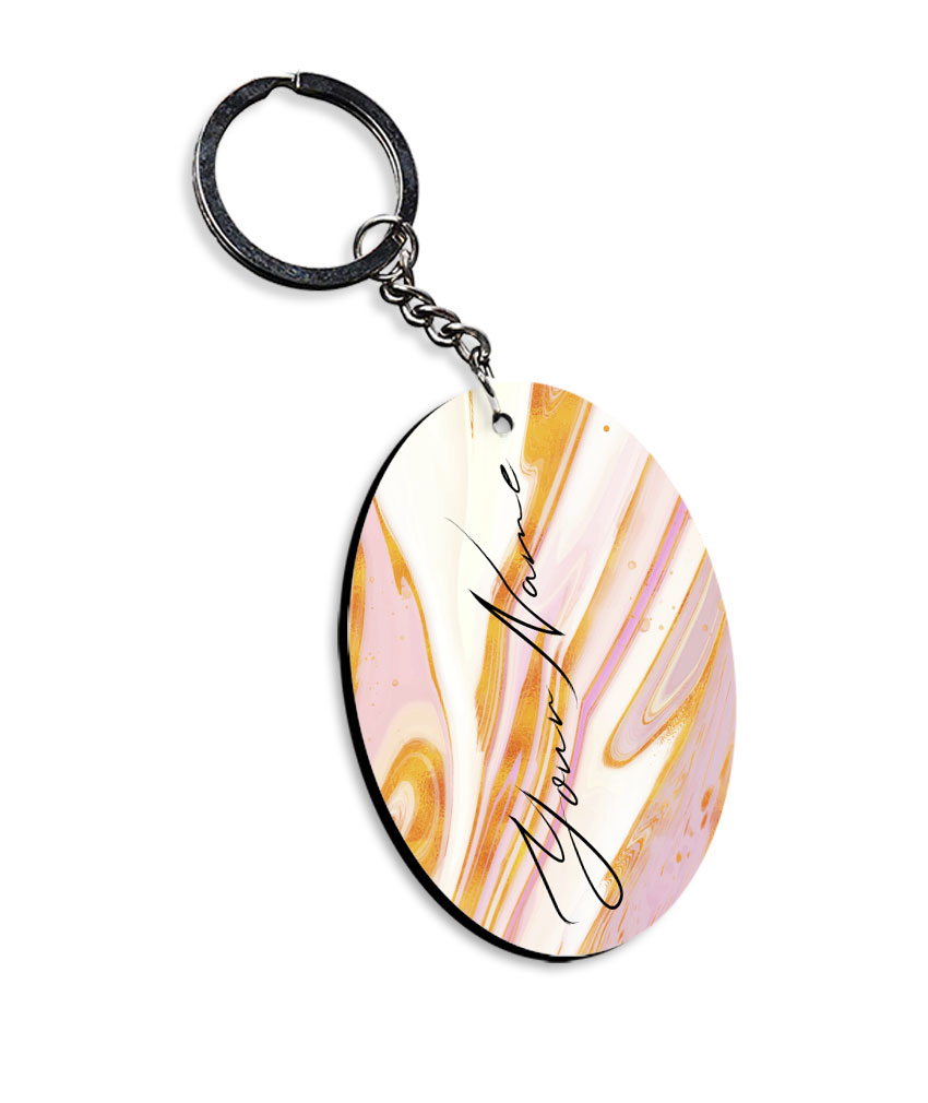 Your Name Golden Pink Liquid Marble Artwork Customised Oval Key Chains