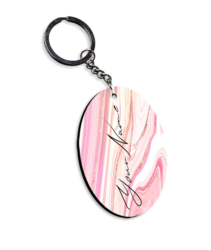 Your Name Pearl White Pink Liquid Marble Artwork Customised Oval Key Chains