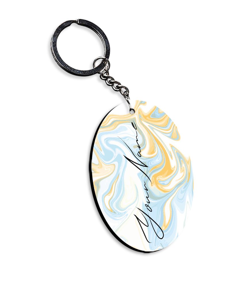 Your Name Golden Blue Abstract Paintmix Design Customised Oval Key Chains