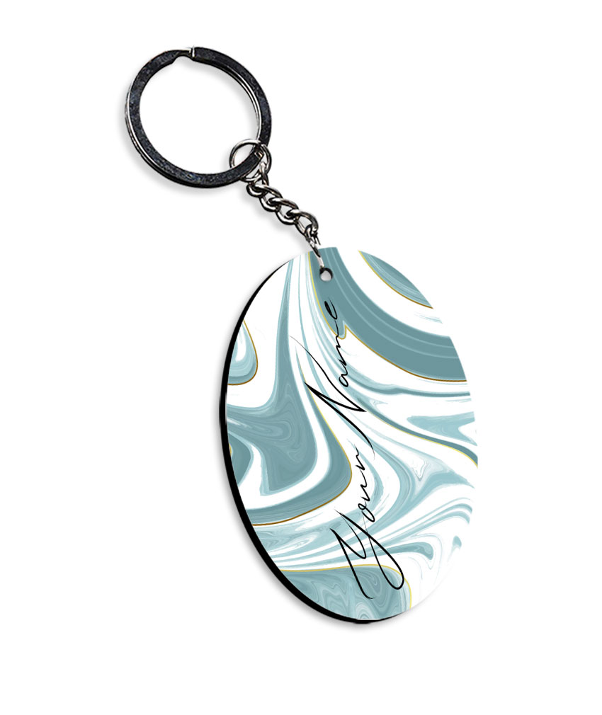 Your Name White Blue Abstract Paintmix Design Customised Oval Key Chains