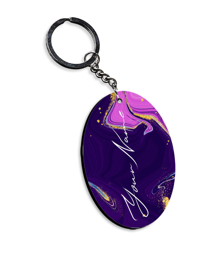 Your Name Magenta Purple Liquid Marble Artwork Customised Oval Key Chains