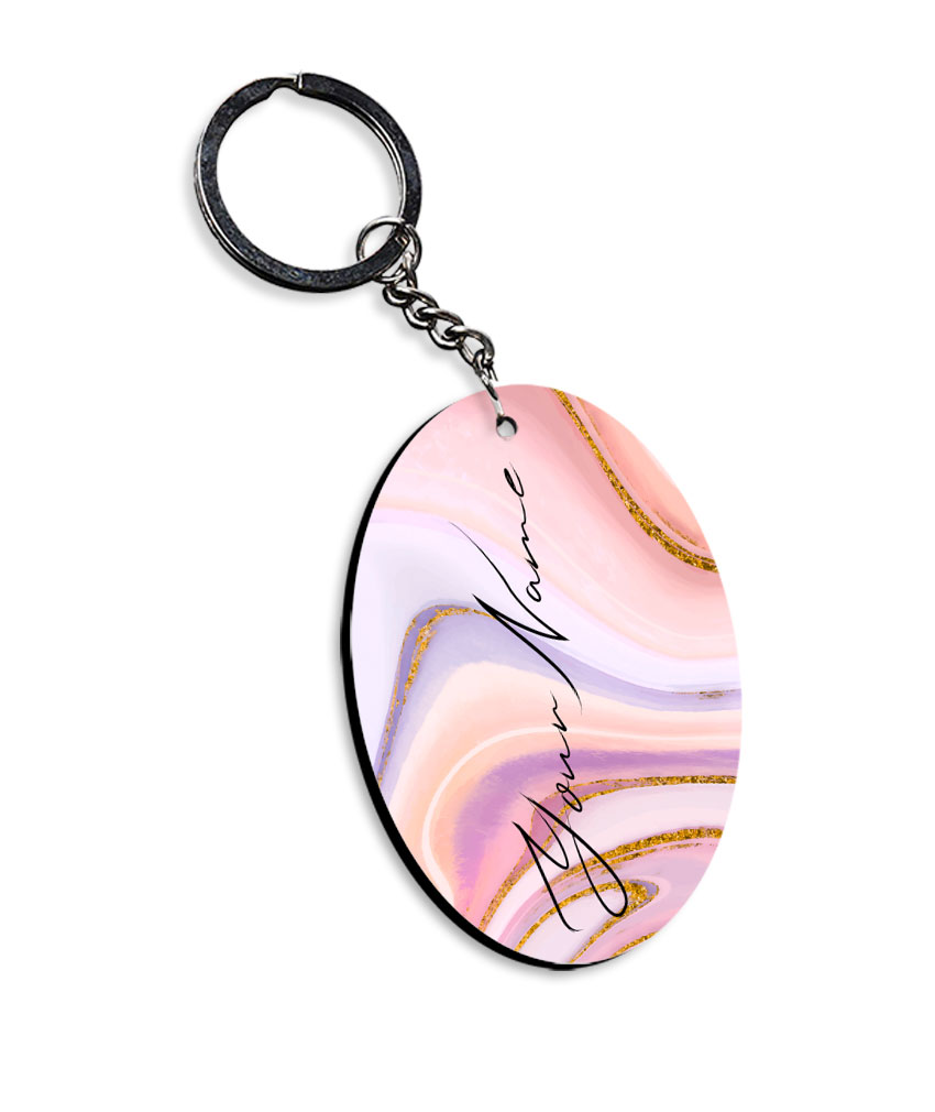 Your Name Pink Purple Liquid Marble Artwork Customised Oval Key Chains