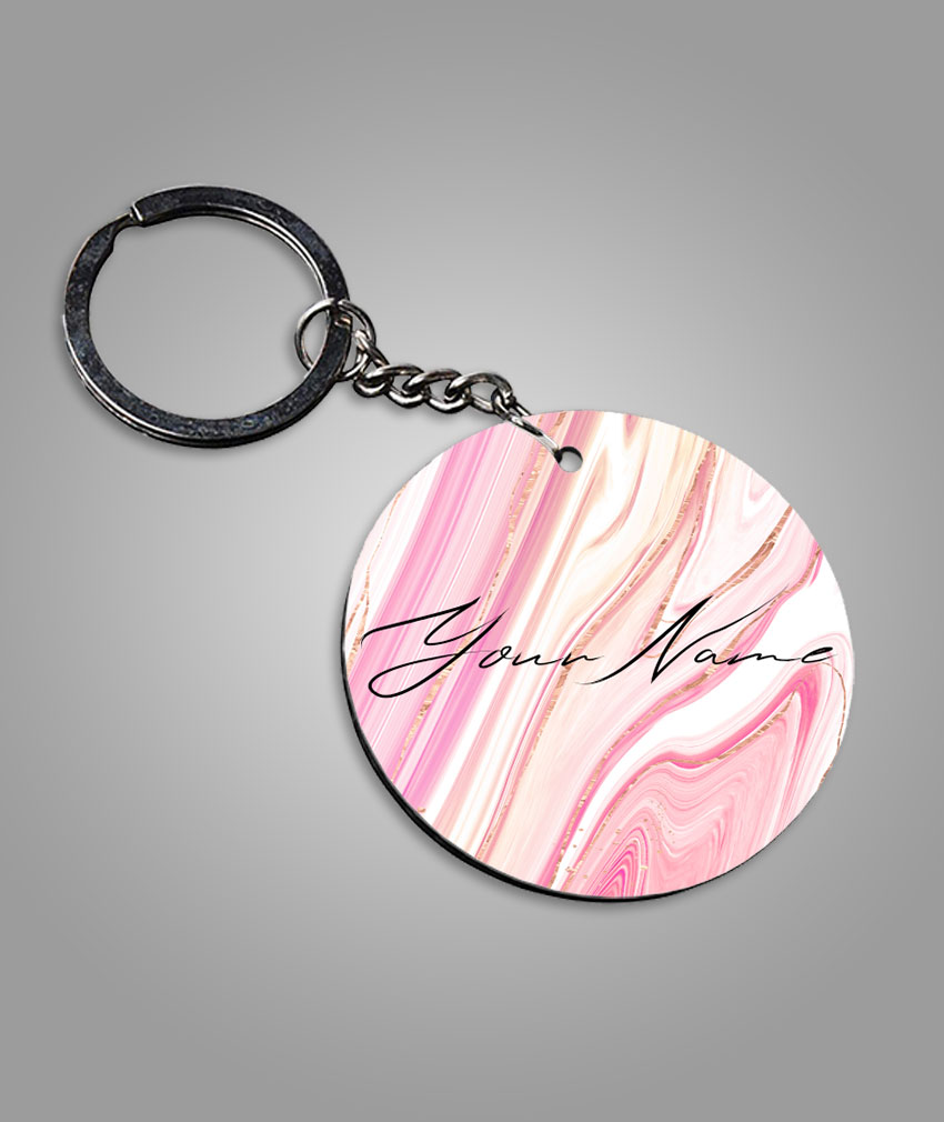 Your Name Pearl White Pink Liquid Marble Artwork Customised Circle Key Chains