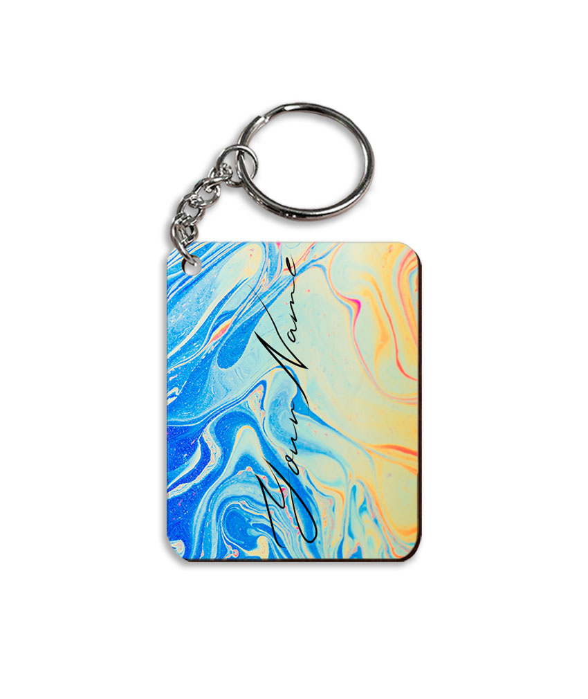 Your Name Yellow Blue Liquid Marble Artwork Customised Rectangle Key Chains