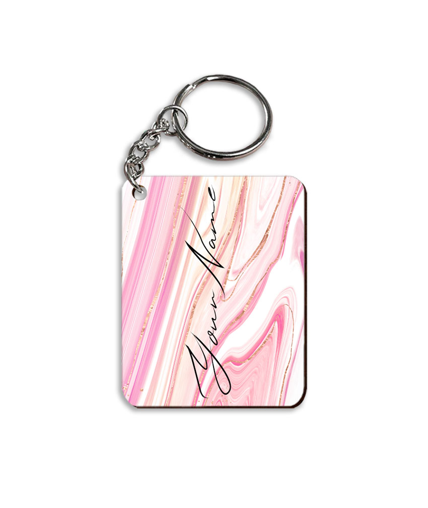 Your Name Pearl White Pink Liquid Marble Artwork Customised Rectangle Key Chains