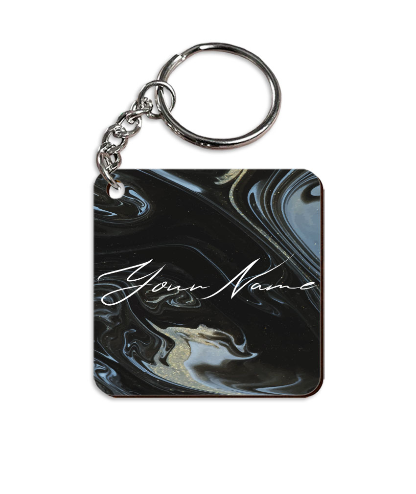 Your Name Grey Black Liquid Marble Artwork Customised Square Key Chains in Print SINGLE SIDE