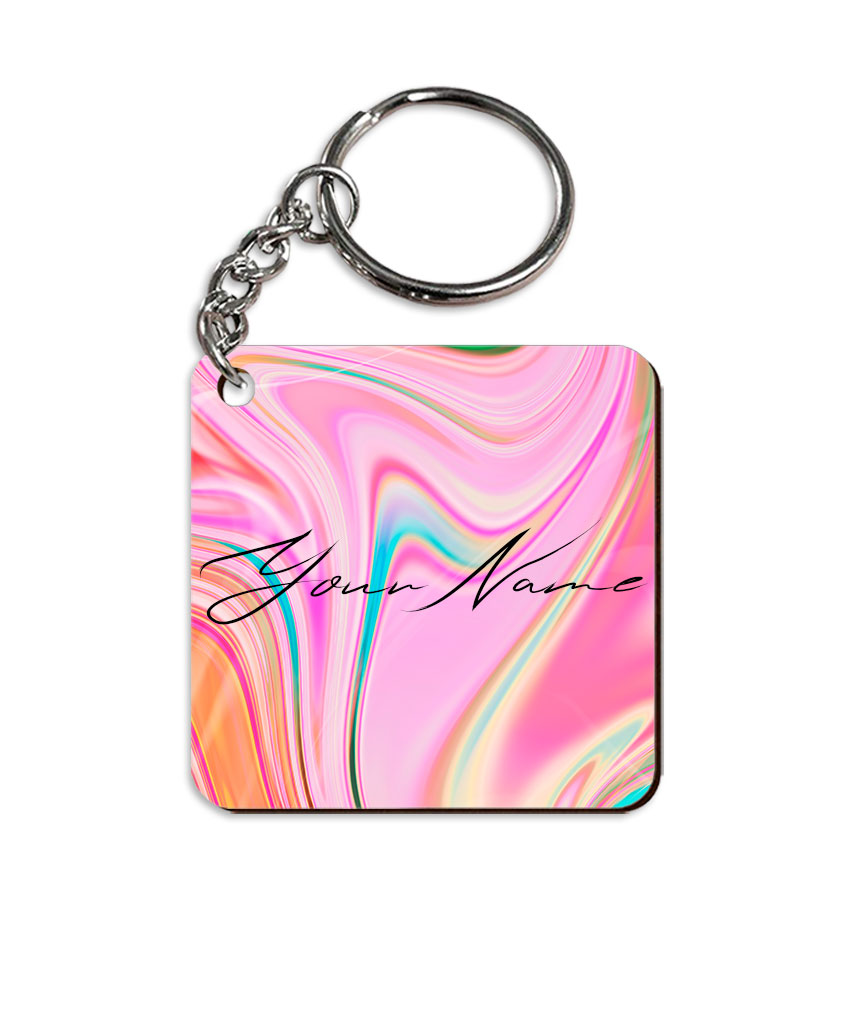 Your Name Blue Pink Liquid Marble Artwork Customised Square Key Chains in Print SINGLE SIDE