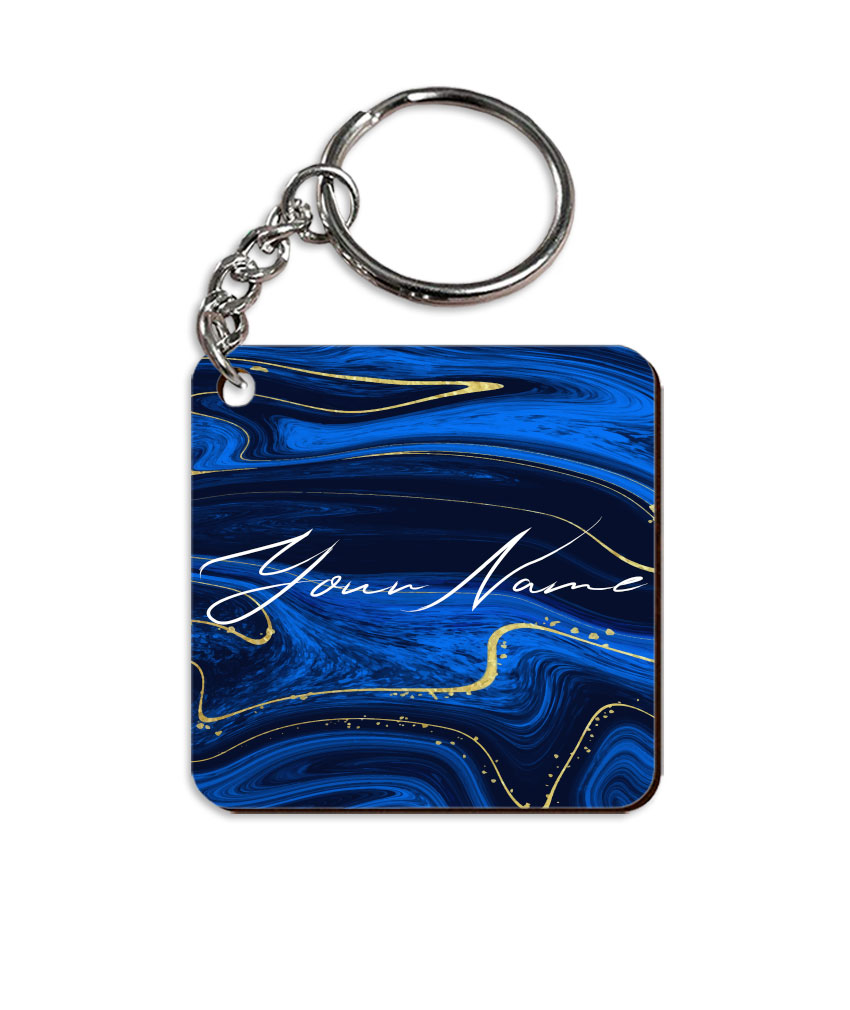 Your Name Golden Blue Liquid Marble Artwork Customised Square Key Chains in Print SINGLE SIDE