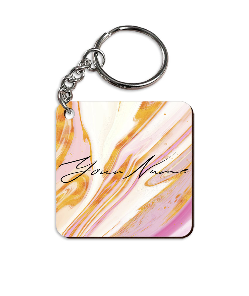 Your Name Golden Pink Liquid Marble Artwork Customised Square Key Chains in Print SINGLE SIDE