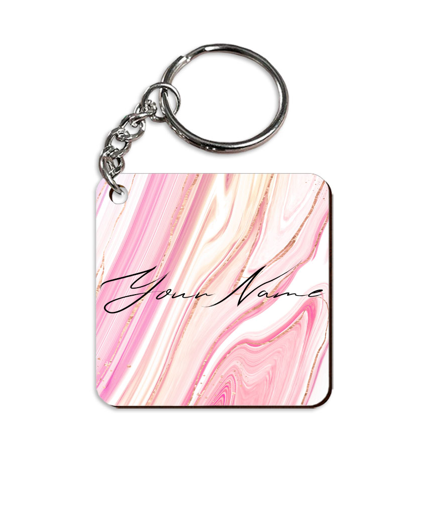 Your Name Pearl White Pink Liquid Marble Artwork Customised Square Key Chains in Print SINGLE SIDE