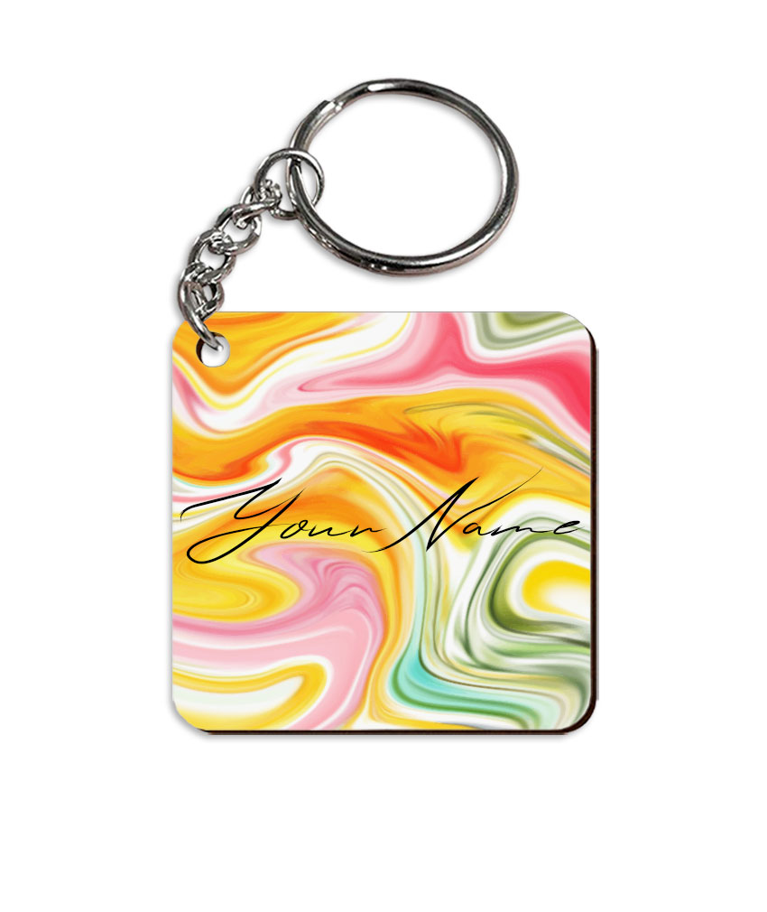 Your Name Multicolor Liquid Marble Artwork Customised Square Key Chains in Print SINGLE SIDE