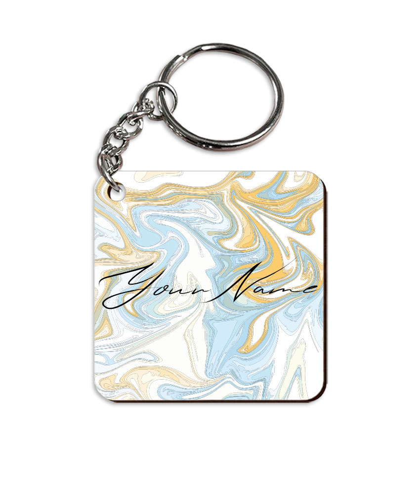 Your Name Golden Blue Abstract Paintmix Design Customised Square Key Chains in Print SINGLE SIDE