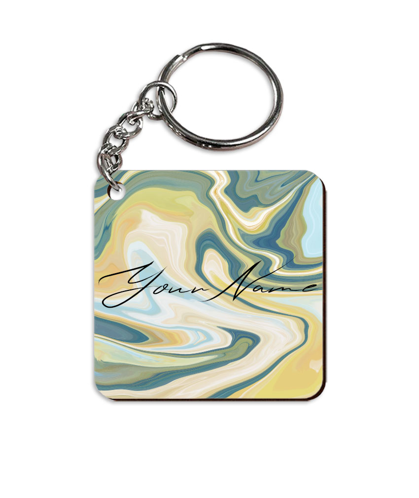 Your Name Gold Olive Green Liquid Marble Artwork Customised Square Key Chains in Print SINGLE SIDE