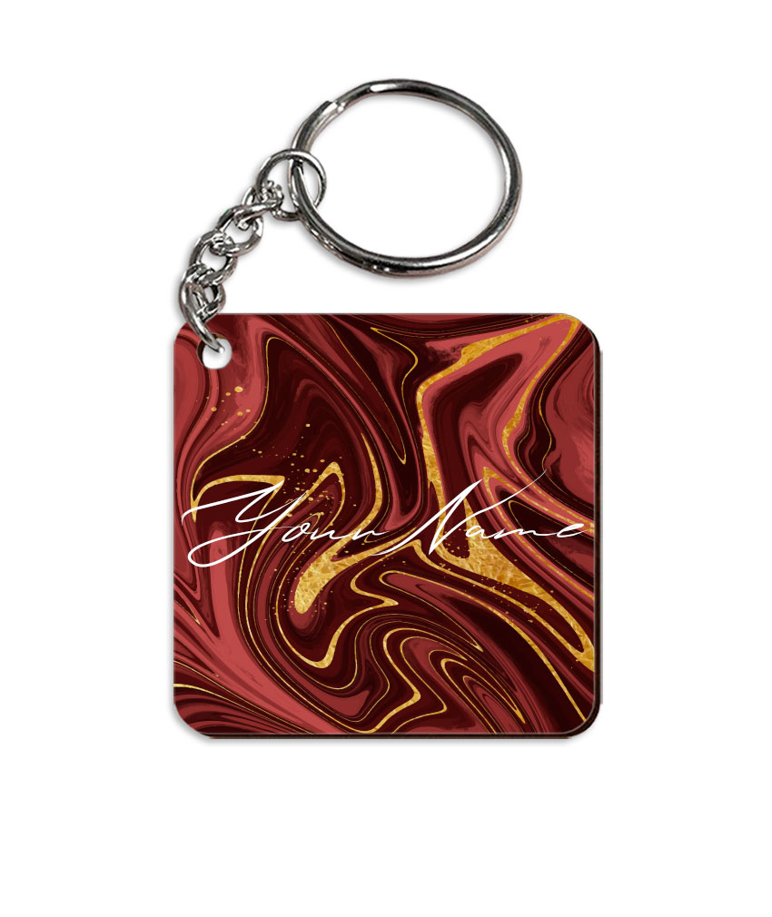 Your Name Golden Maroon Liquid Marble Artwork Customised Square Key Chains in Print SINGLE SIDE