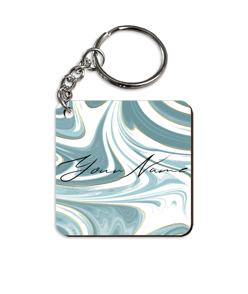 Your Name White Blue Abstract Paintmix Design Customised Square Key Chains in Print SINGLE SIDE