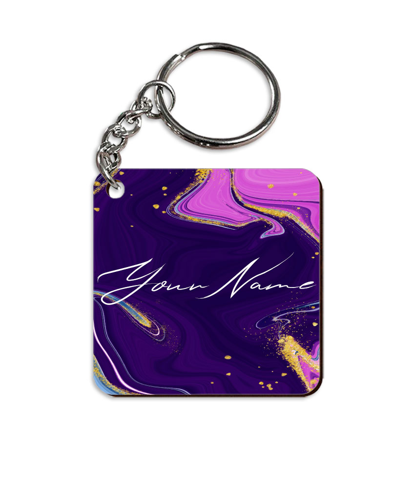 Your Name Magenta Purple Liquid Marble Artwork Customised Square Key Chains in Print SINGLE SIDE