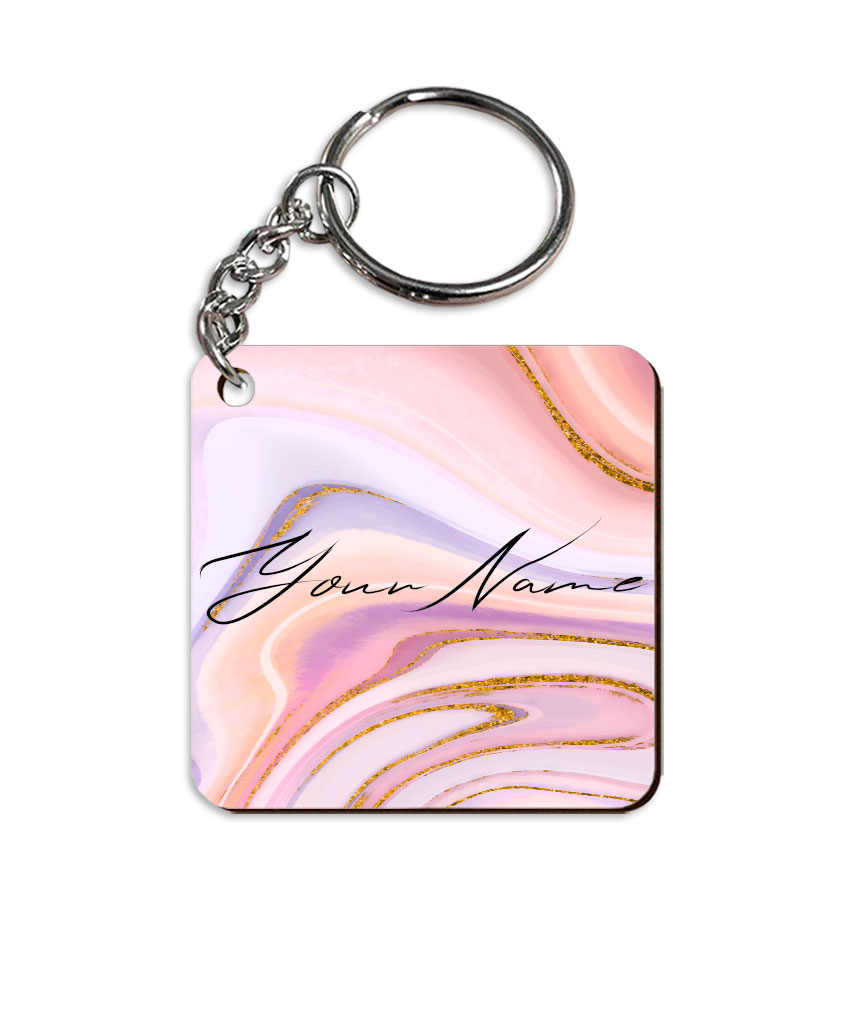 Your Name Pink Purple Liquid Marble Artwork Customised Square Key Chains in Print SINGLE SIDE