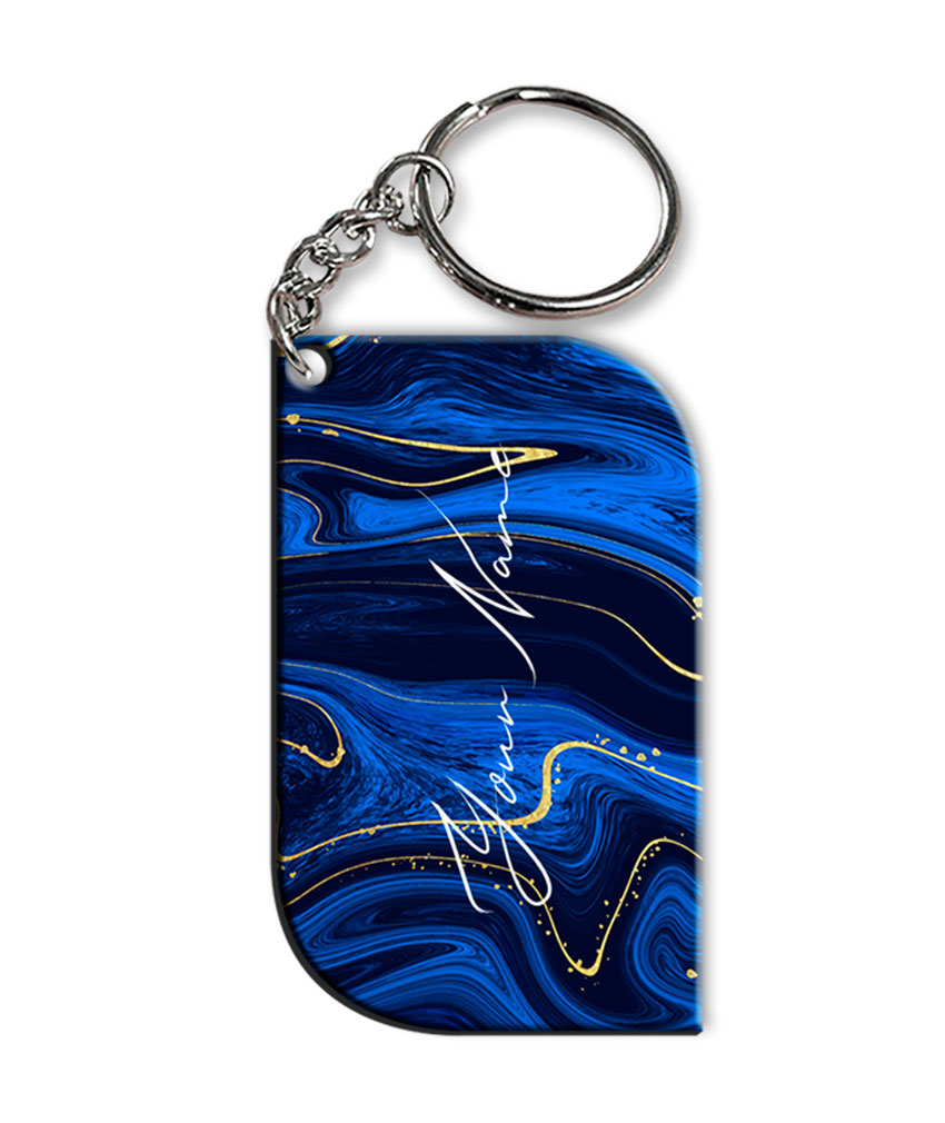Your Name Golden Blue Liquid Marble Artpiece Customised Curved Rectangle Key Chains