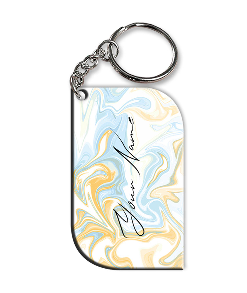 Your Name Yellow Blue Liquid Marble Artwork Customised Curved Rectangle Key Chains