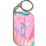 Your Name Cyan Blue Pink Paintmix Design Customised Curved Rectangle Key Chains