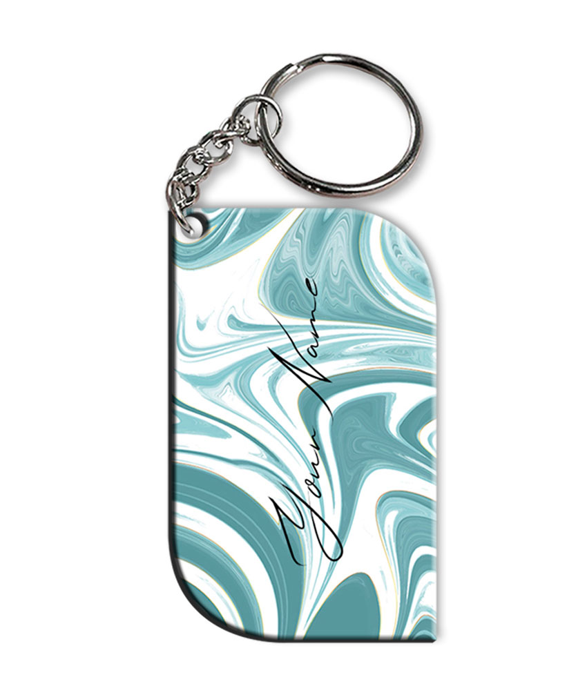 Your Name White Blue Liquid Marble Artwork Customised Curved Rectangle Key Chains