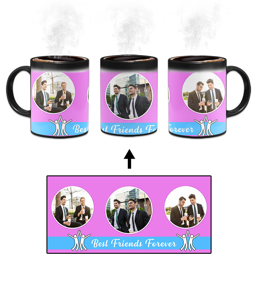 Best Friends Forever Message With 3 Photos Pink Background Custom Printed Magic Mug