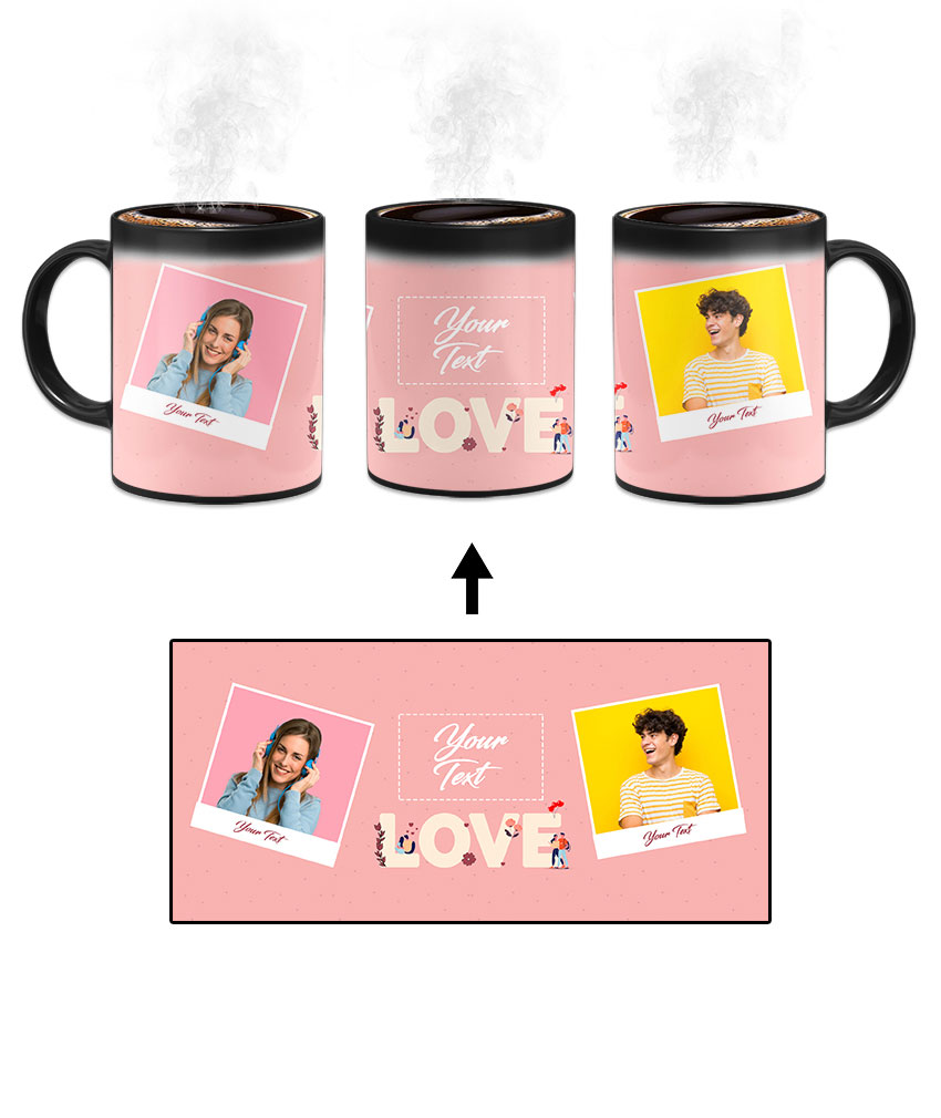Love Icon With 2 Photos Pink Background Custom Printed Magic Mug