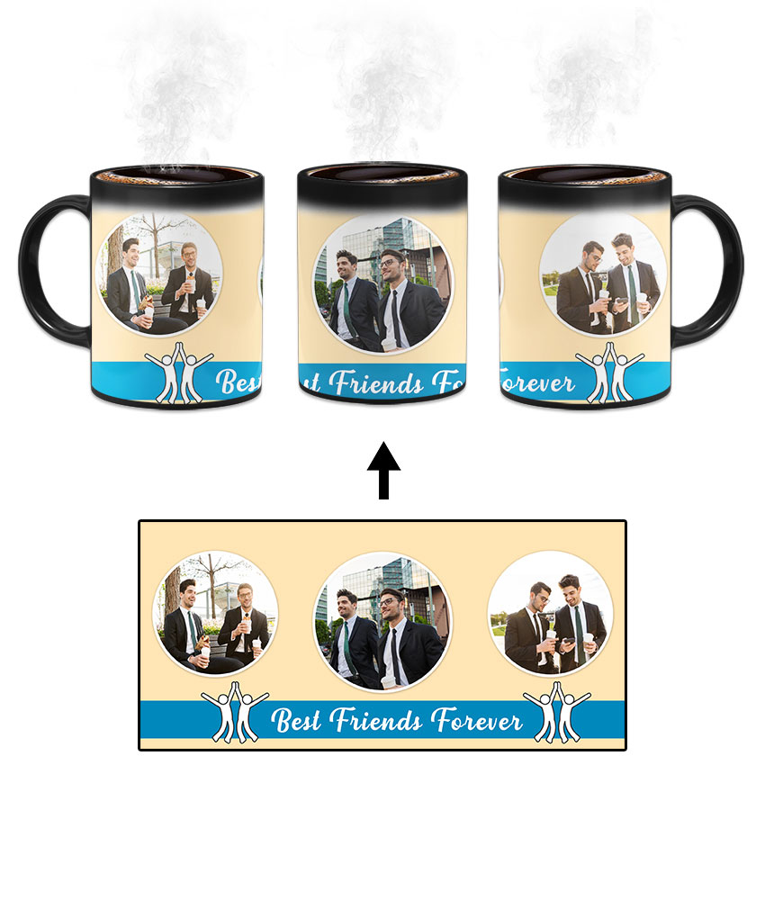Best Friends Forever Message With 3 Photos Beige Background Custom Printed Magic Mug