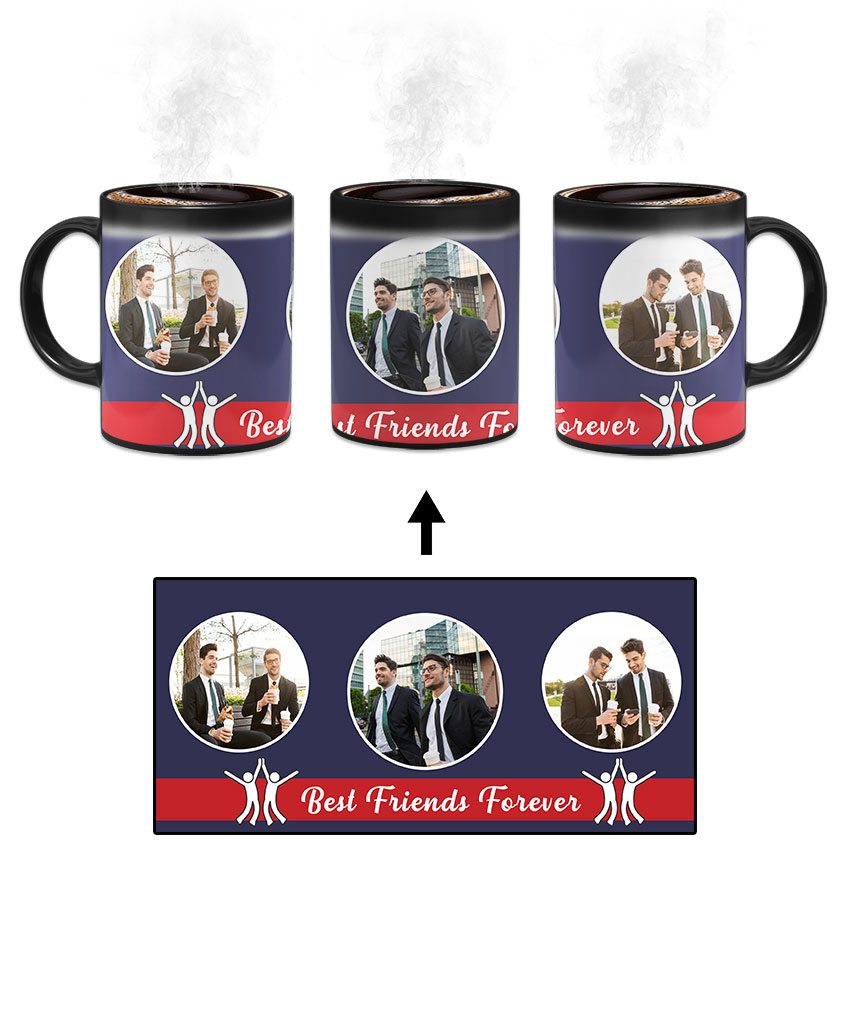 Best Friends Forever Message With 3 Photos Cobalt Blue Background Custom Printed Magic Mug