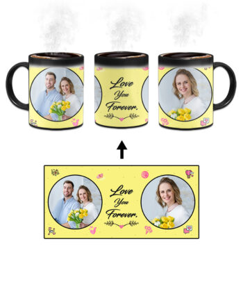 Love You Forever Message With 2 Photos Yellow Background Custom Printed Magic Mug