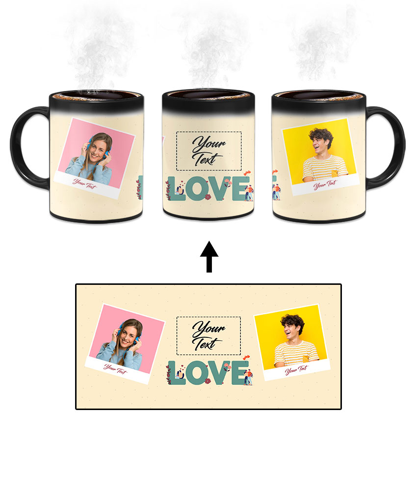 Love Icon With 2 Photos Beige Background Custom Printed Magic Mug