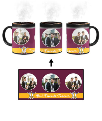 Best Friends Forever Message With 3 Photos Burgundy Background Custom Printed Magic Mug