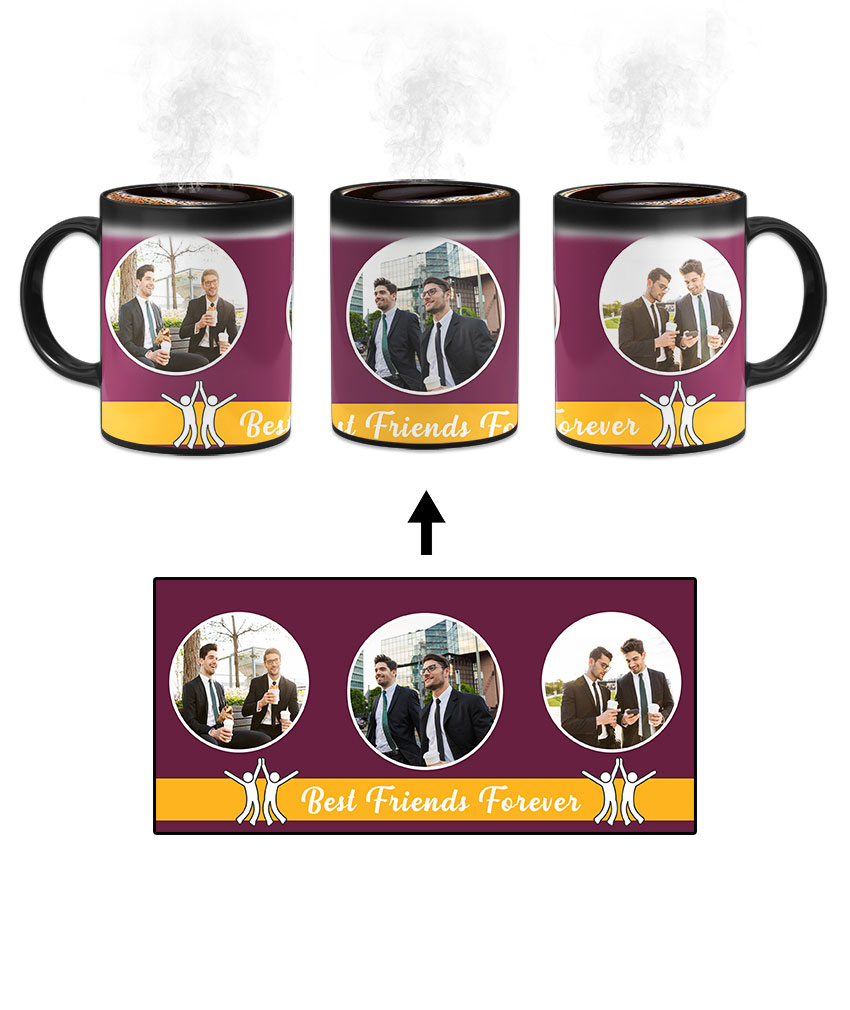 Best Friends Forever Message With 3 Photos Burgundy Background Custom Printed Magic Mug