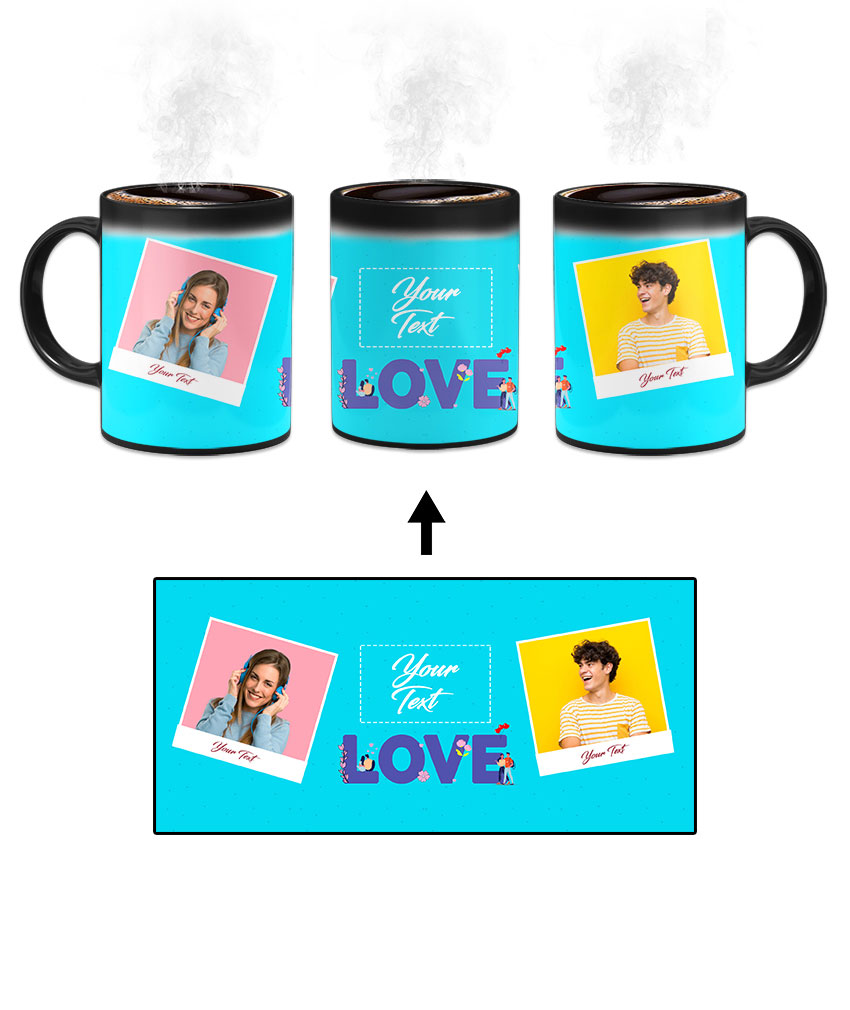 Love Icon With 2 Photos Blue Background Custom Printed Magic Mug