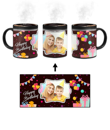Happy Birthday Design With Dark Choclate Brown Background Custom Printed Magic Mug