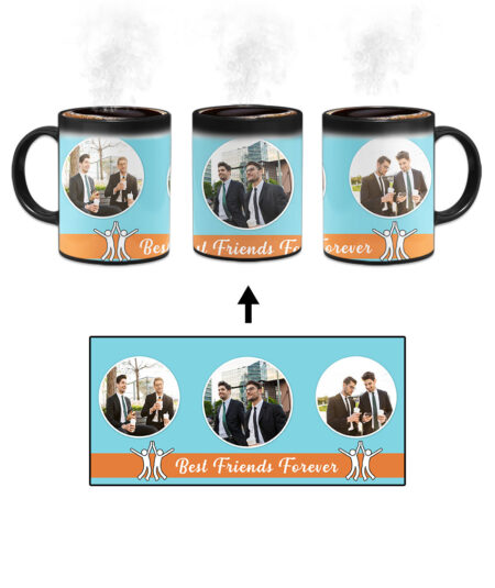 Best Friends Forever Message With 3 Photos Sky Blue Background Custom Printed Magic Mug