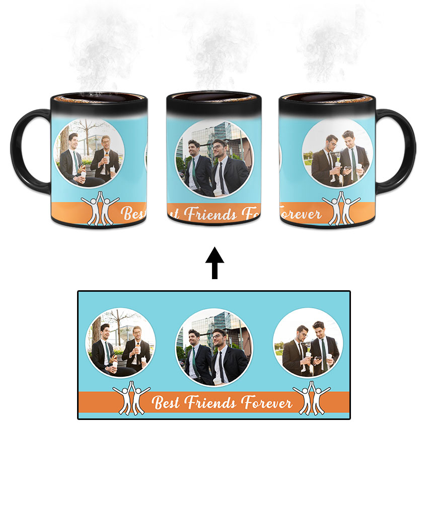 Best Friends Forever Message With 3 Photos Sky Blue Background Custom Printed Magic Mug