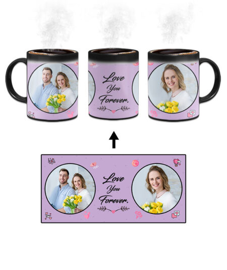 Love You Forever Message With 2 Photos Lilac Purple Background Custom Printed Magic Mug