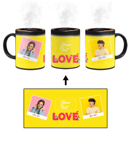 Love Icon With 2 Photos Yellow Background Custom Printed Magic Mug