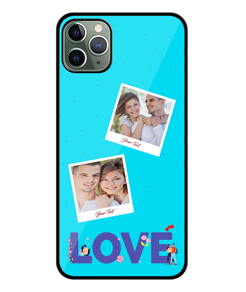 Love Icon With 2 Photos Blue Background Customised Glossy Metal TPU Mobile Cover