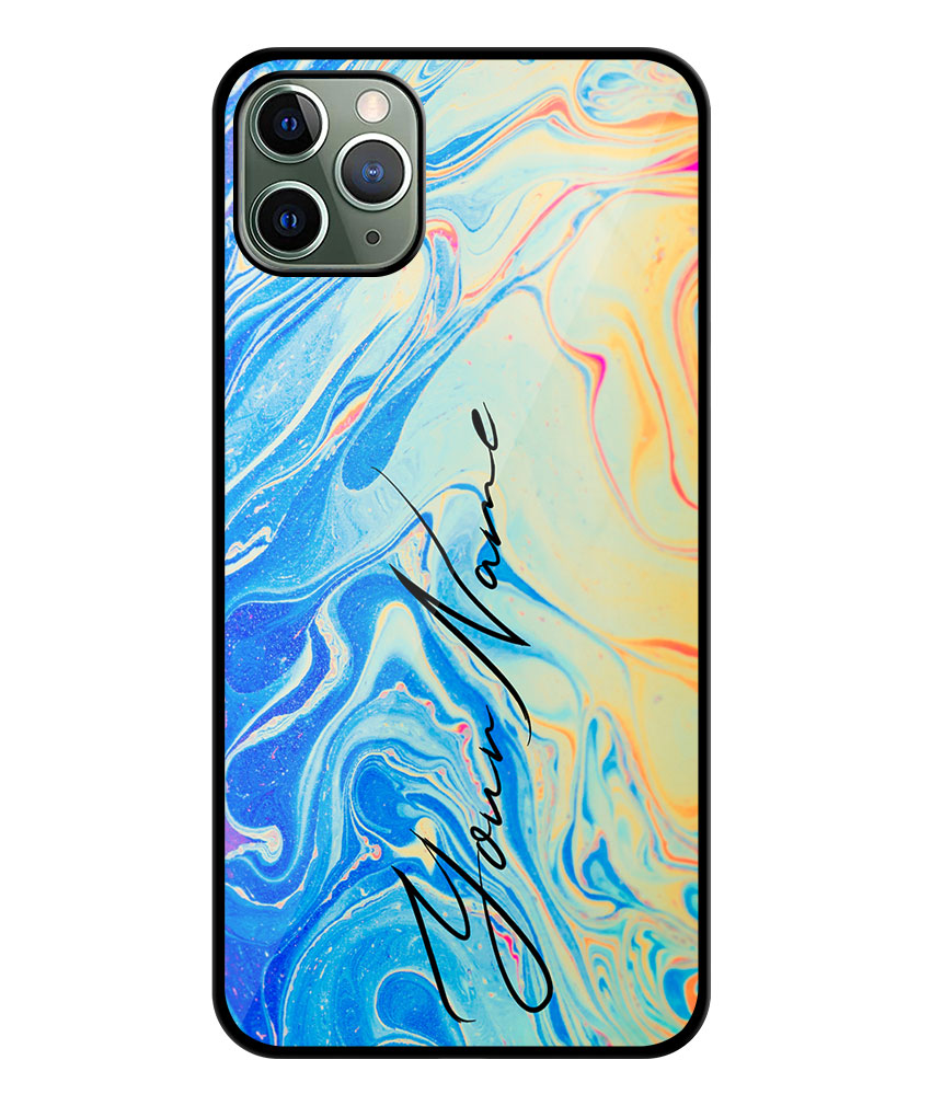 Your Name Yellow Blue Liquid Marble Artwork Customised Glossy Metal TPU Mobile Cover