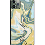 Your Name Gold Olive Green Liquid Marble Artwork Customised Glossy Metal TPU Mobile Cover