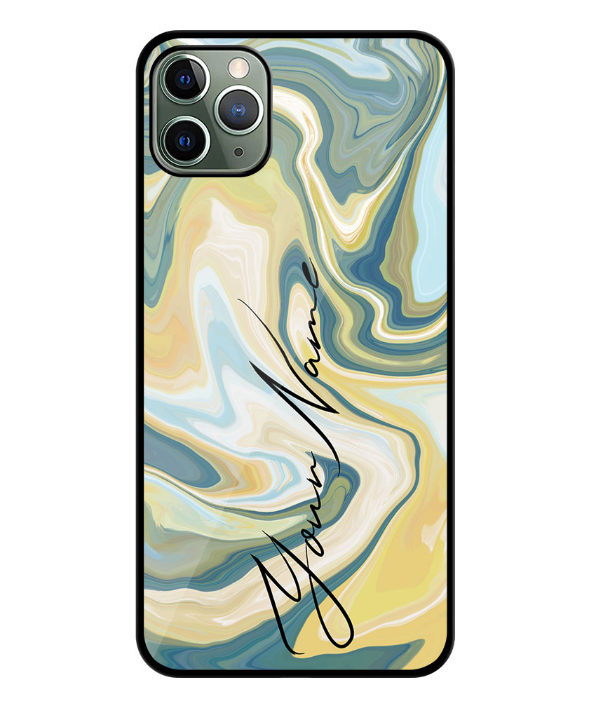 Your Name Gold Olive Green Liquid Marble Artwork Customised Glossy Metal TPU Mobile Cover