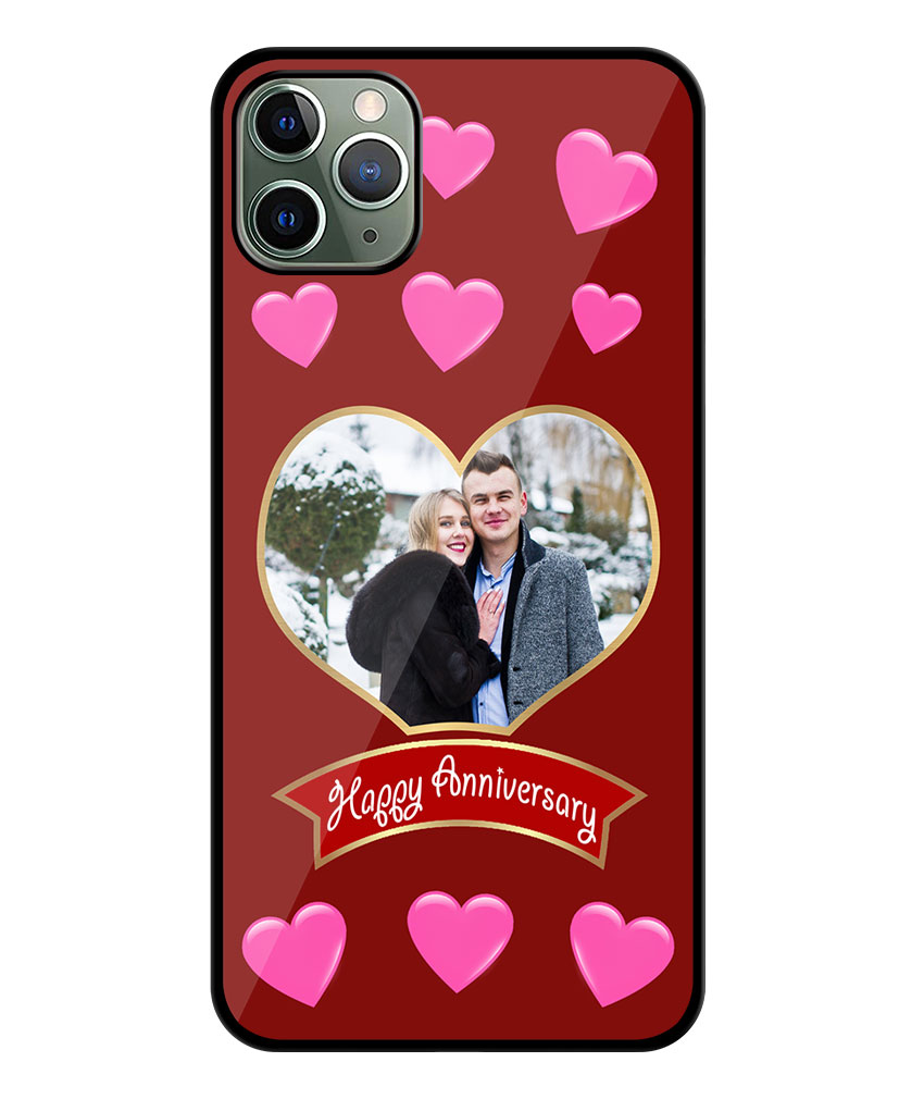 Happy Anniversary Pink Heart Pattern With Maroon Background Customised Glossy Metal TPU Mobile Cover