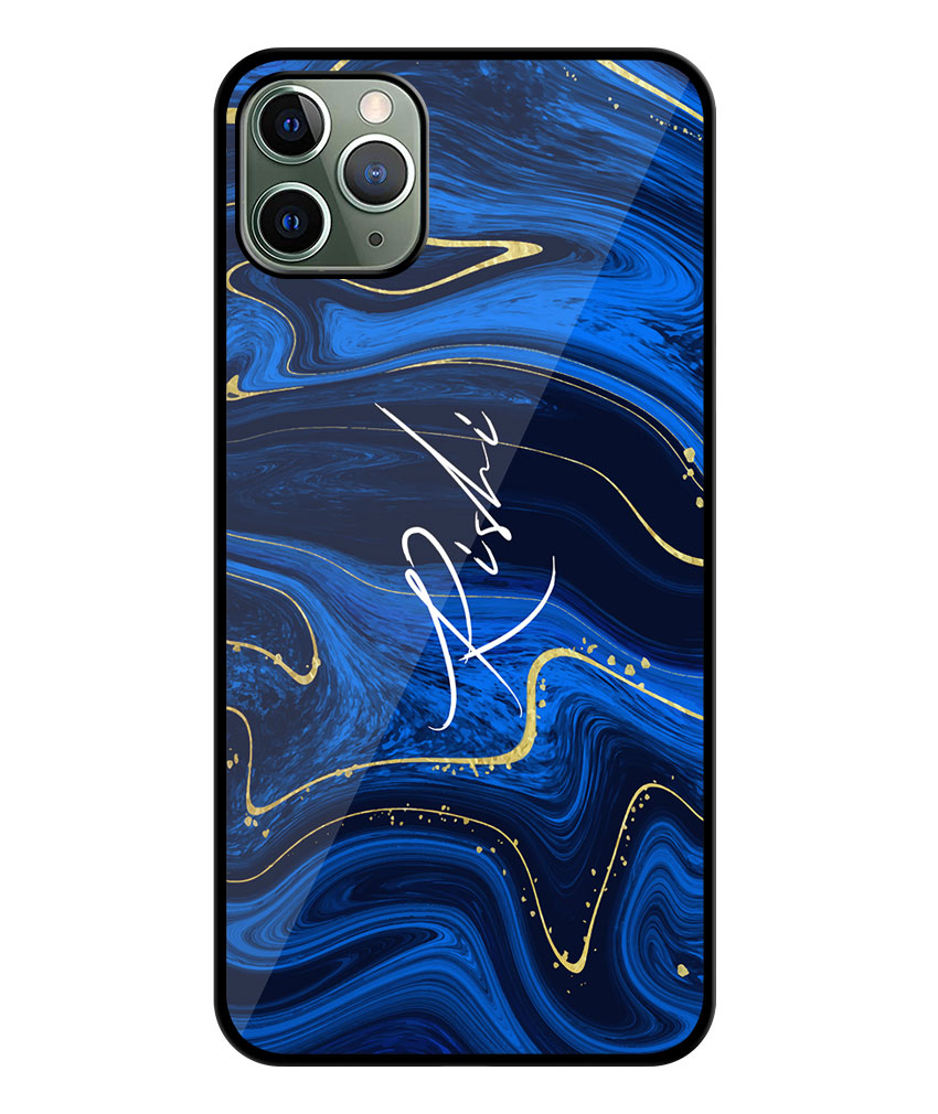 Your Name Golden Blue Liquid Marble Artwork Customised Glossy Metal TPU Mobile Cover